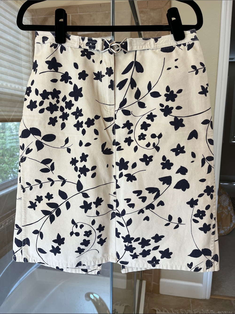Cream and Black Floral Mini Skirt with Decorative Waist Detail